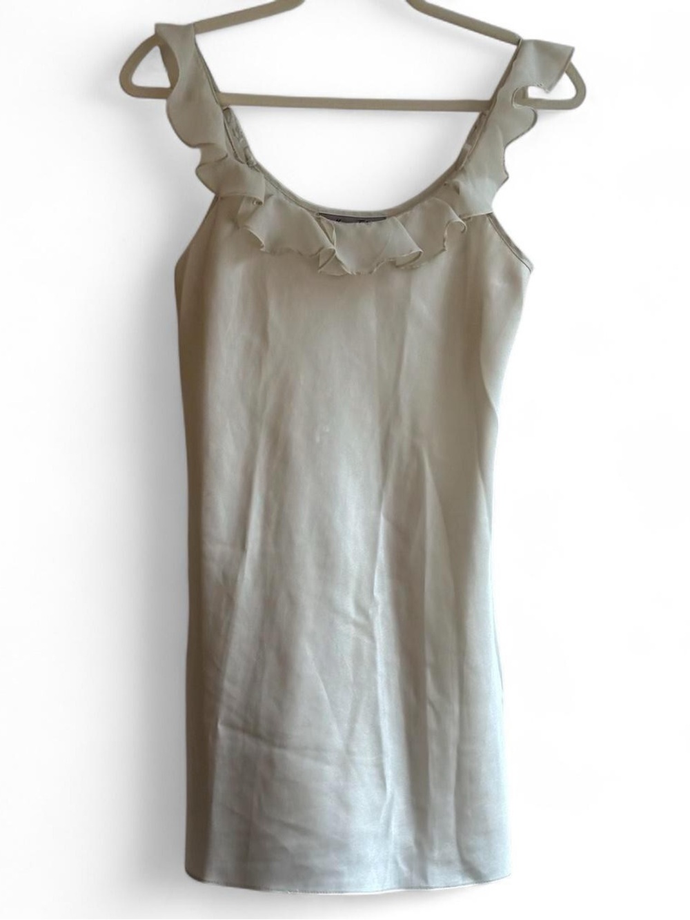 Morgan Taylor Ivory White Satin Ruffly Mini Slip Dress